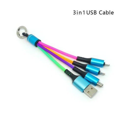 1 Drag 3 USB mobile phone charging cable keychain at any time short -term colorful rainbow fabric buckle ring mobile phone line