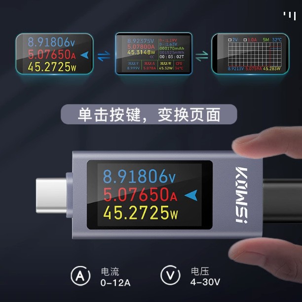 2303C mobile phone charging detector supports 12A high current PD DC voltmeter USB power meter