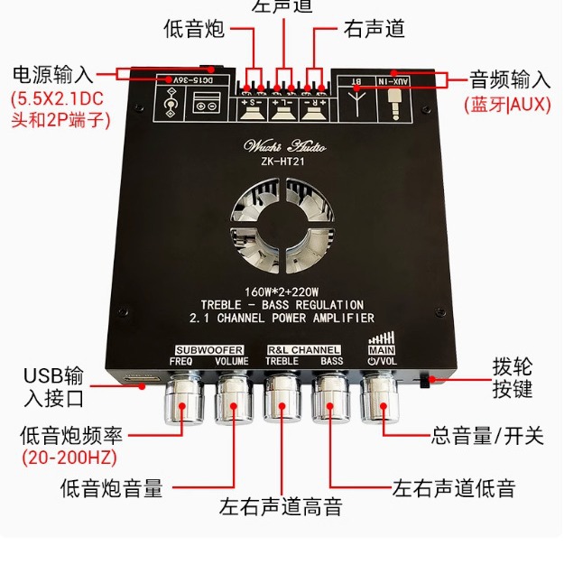HT21-3G three generation 2.1 channel TDA7498E Bluetooth power amplifier module subwoofer 160Wx 2 220W
